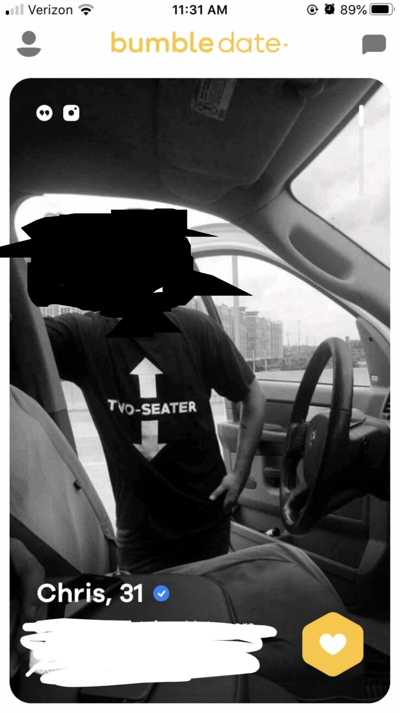A guy wearing a shirt that says &quot;two-seater&quot; with arrows pointing down and up