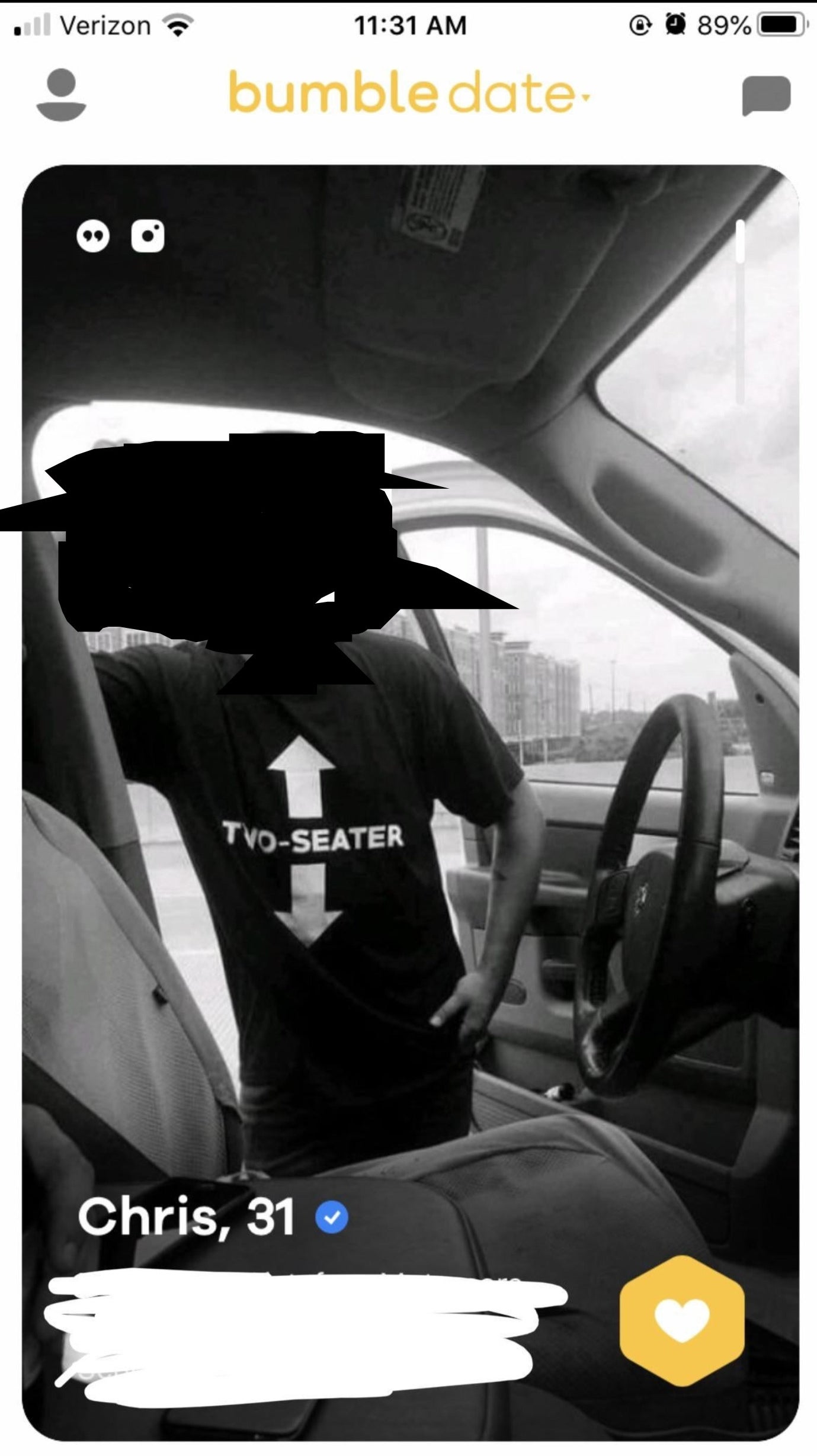 A guy wearing a shirt that says &quot;two-seater&quot; with arrows pointing down and up