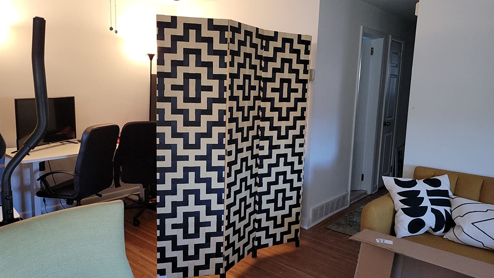 A black and white room divider in a reviewer&#x27;s home separating the living room from office