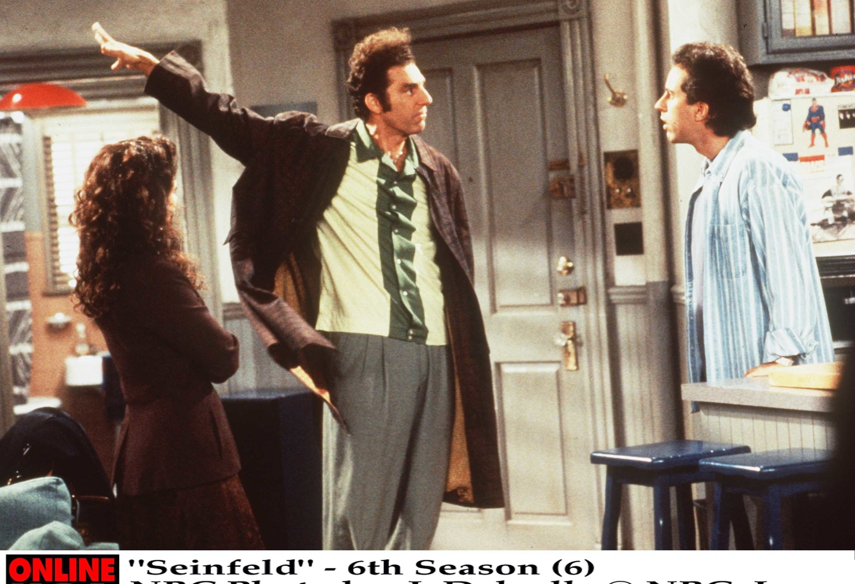 scene from season six of seinfeld with seinfeld, kramer, and elaine