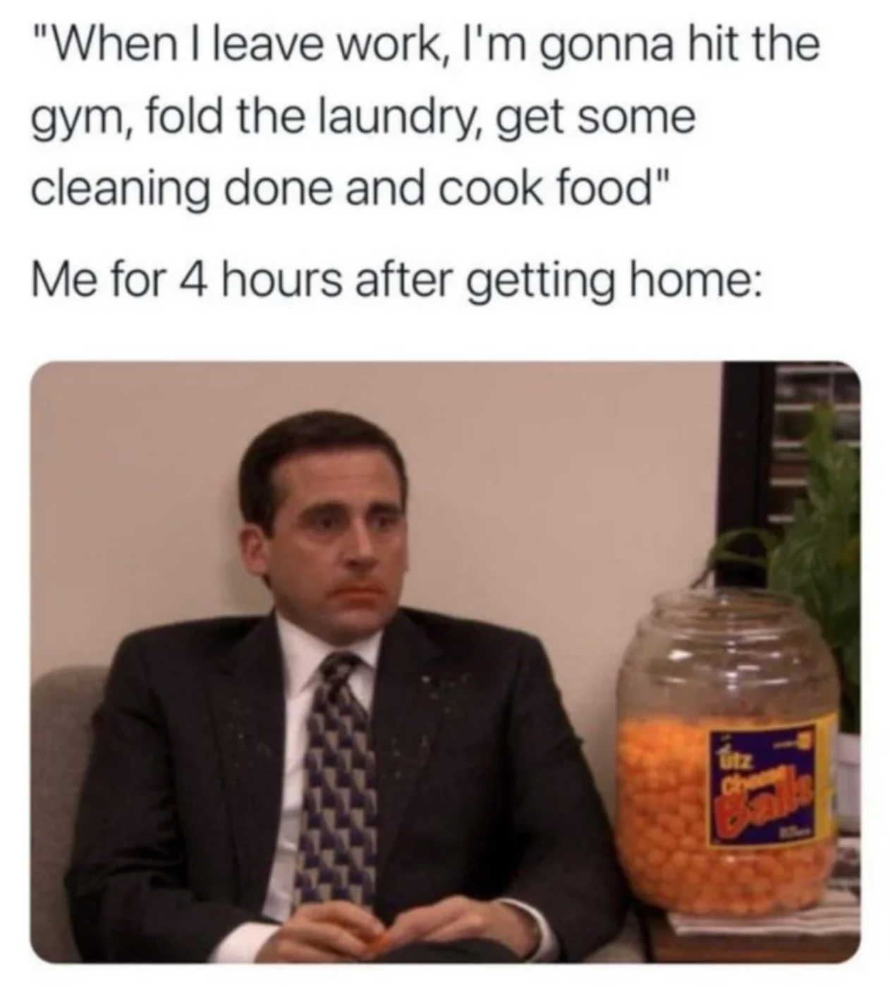 Michael Scott with a tub of cheese balls