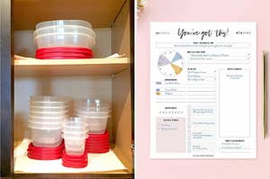 A storage container with stackable lids / a youve got this to-do list daily organizer