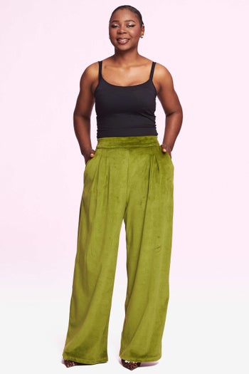 model wearing the green pants