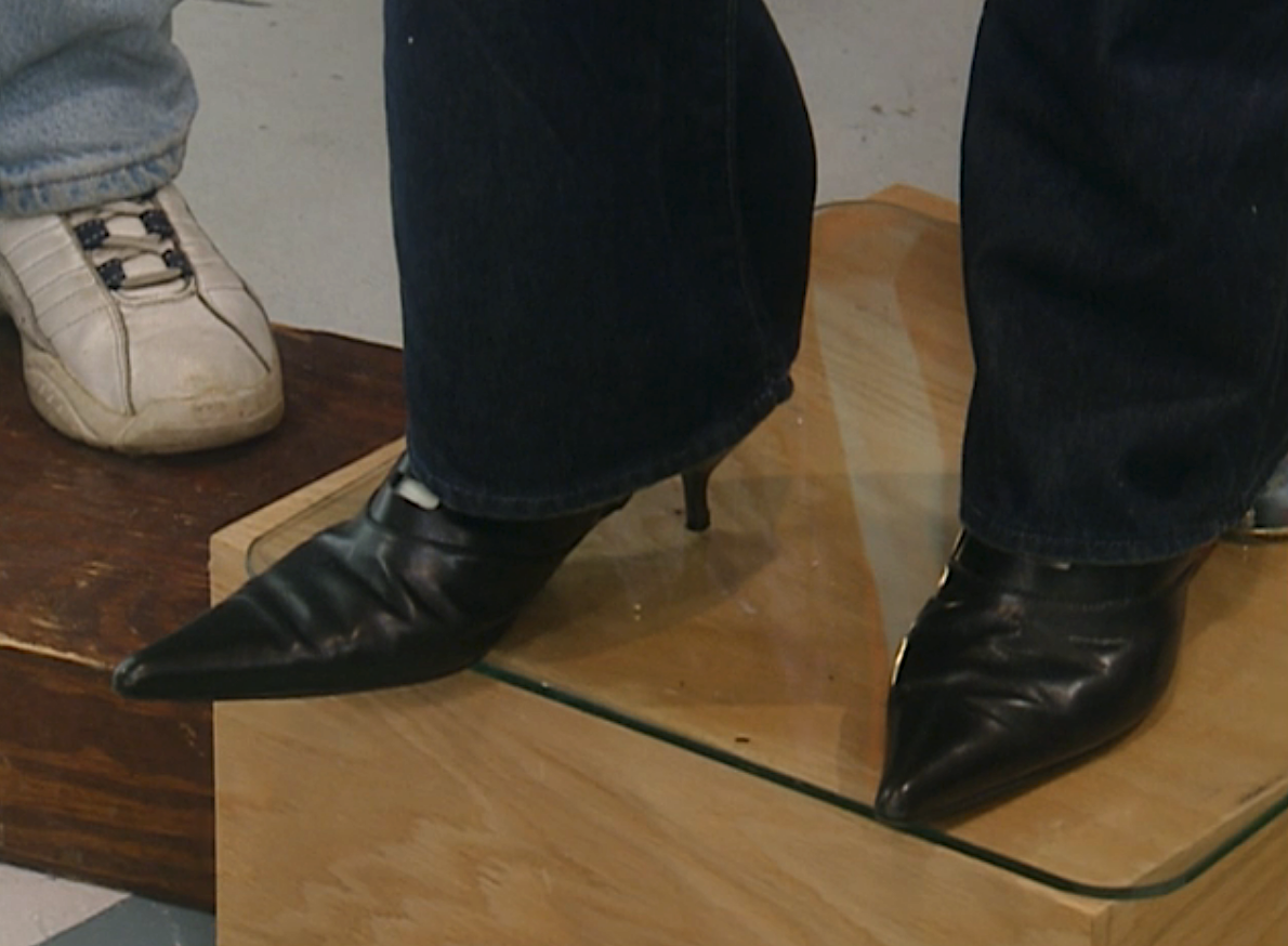 Shoes with a small elevated heel and long front that extends to a point, making the front look like a triangle