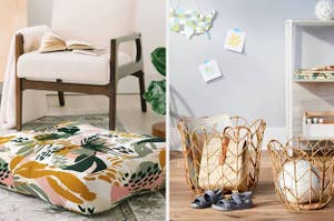 on left, colorful printed floor pillow. on right, decorative wood baskets with purse and soccer ball inside