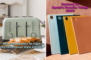 to the left: a sage green toaster, to the right: colorful cutting boards