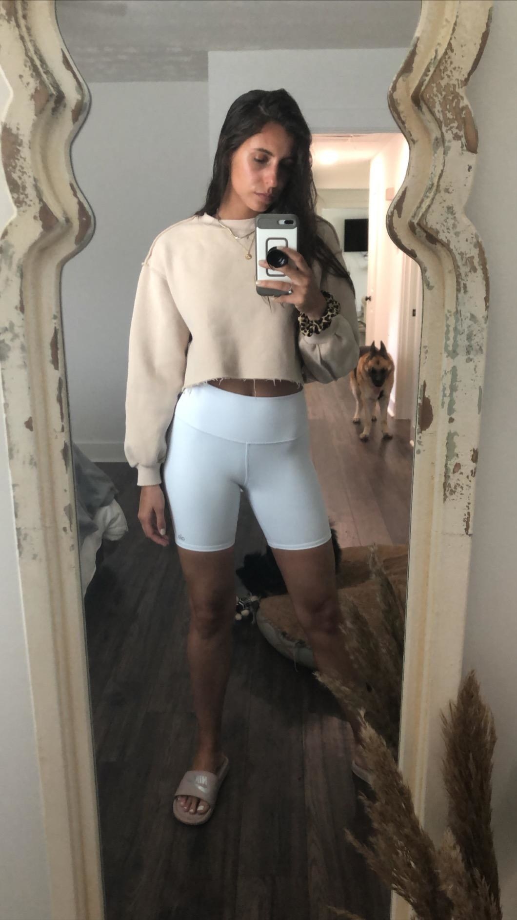 Reviewer beige cropped pullover with white biker shorts