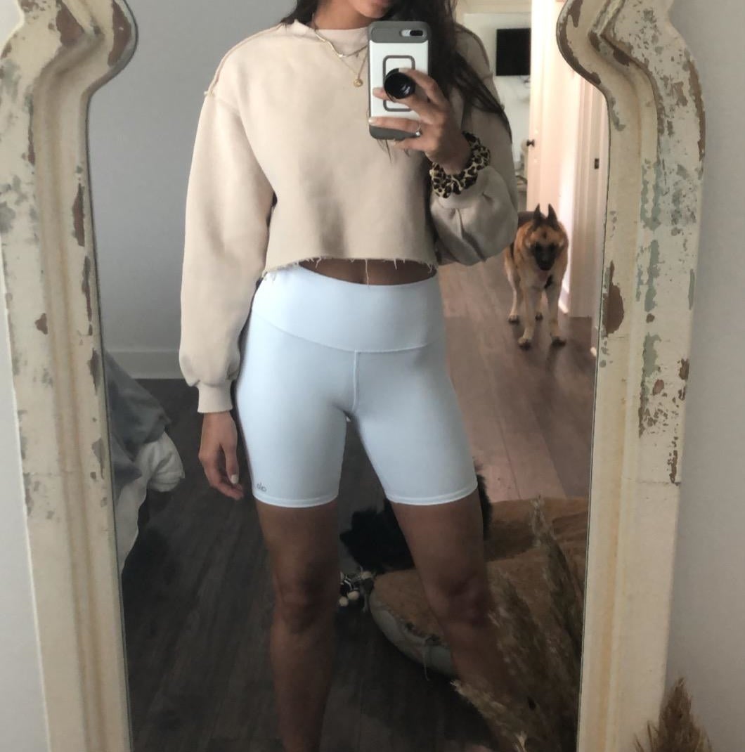 Reviewer beige cropped pullover with white biker shorts