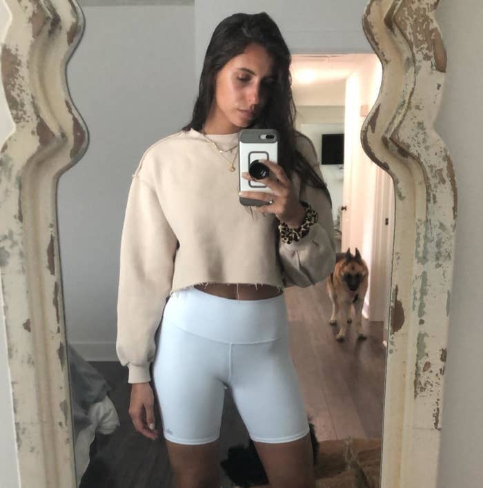 Reviewer beige cropped pullover with white biker shorts