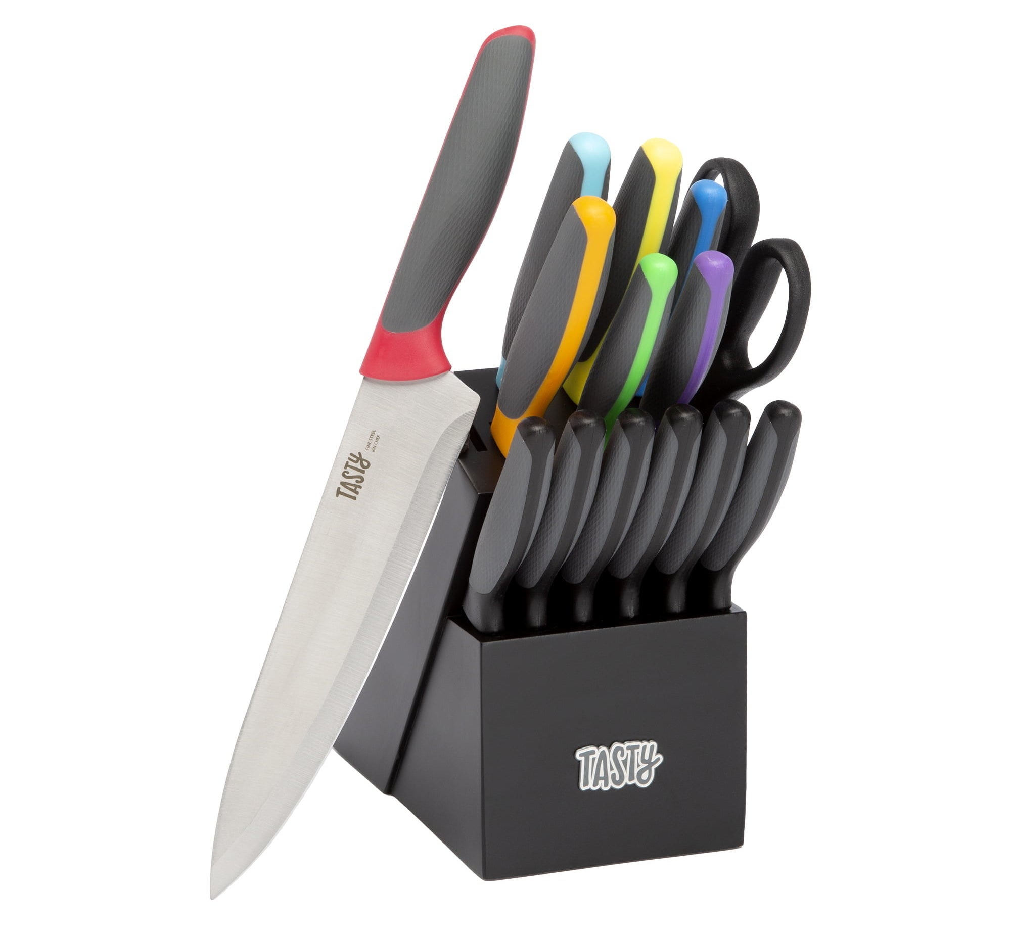 knife set with rainbow multicolored handles in a black tasty-branded knife block