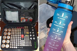 A battery organizer filled with various batteries/A water bottle labeled with motivational sayings and time frames to keep help you drink more water