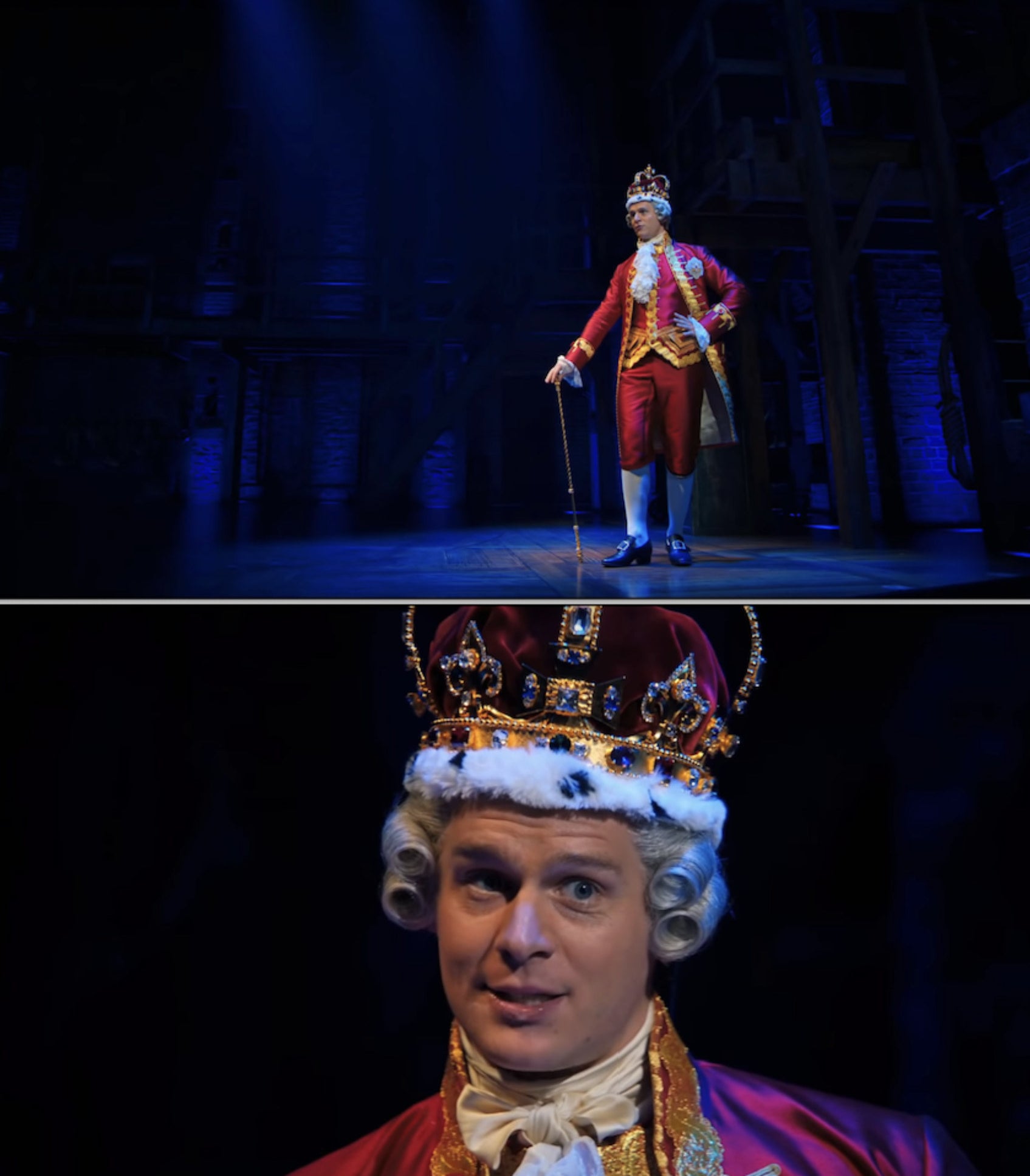 Jonathan Groff dressed as King George III on stage