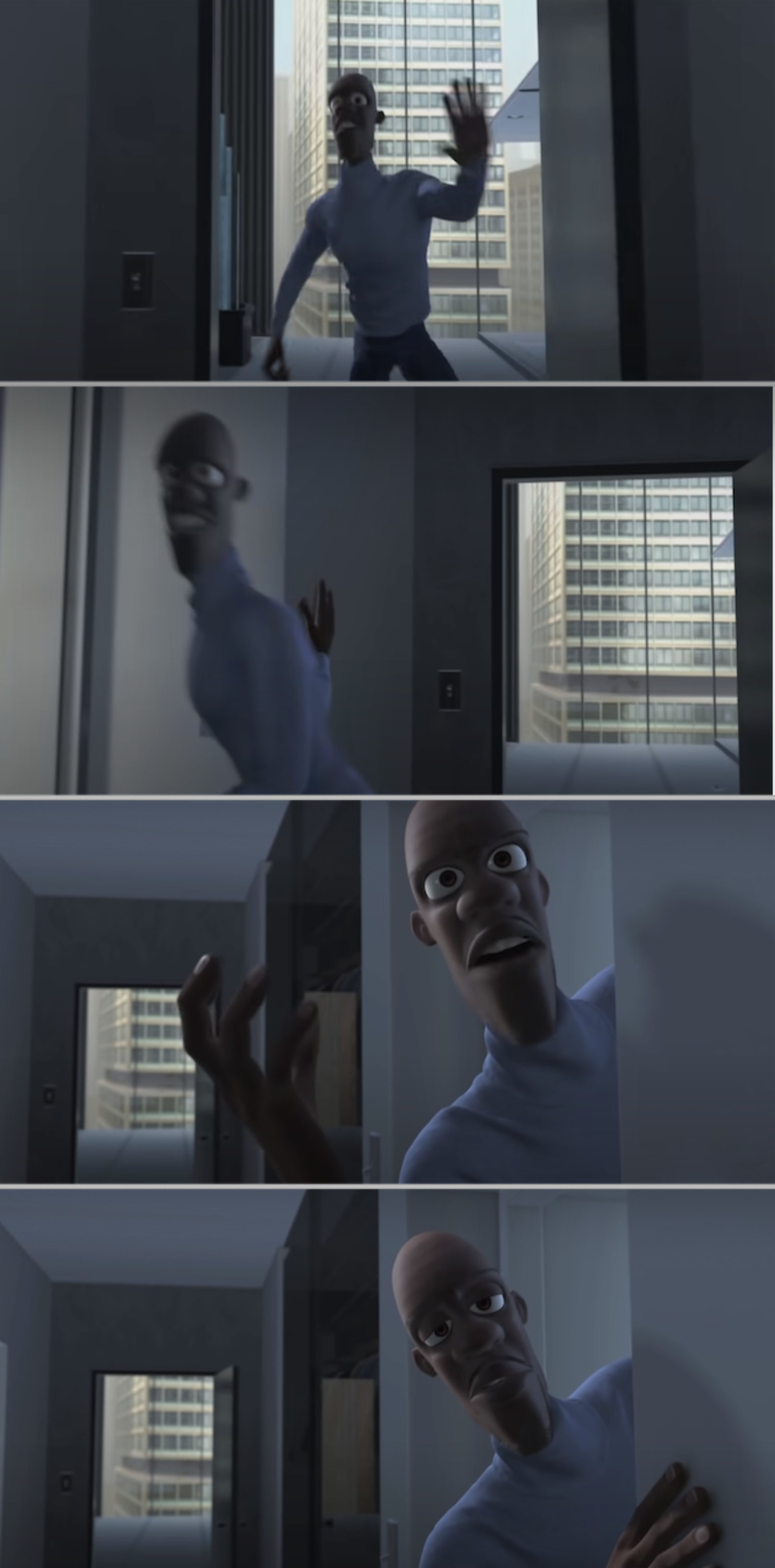 Frozone talking to his wife in his apartment