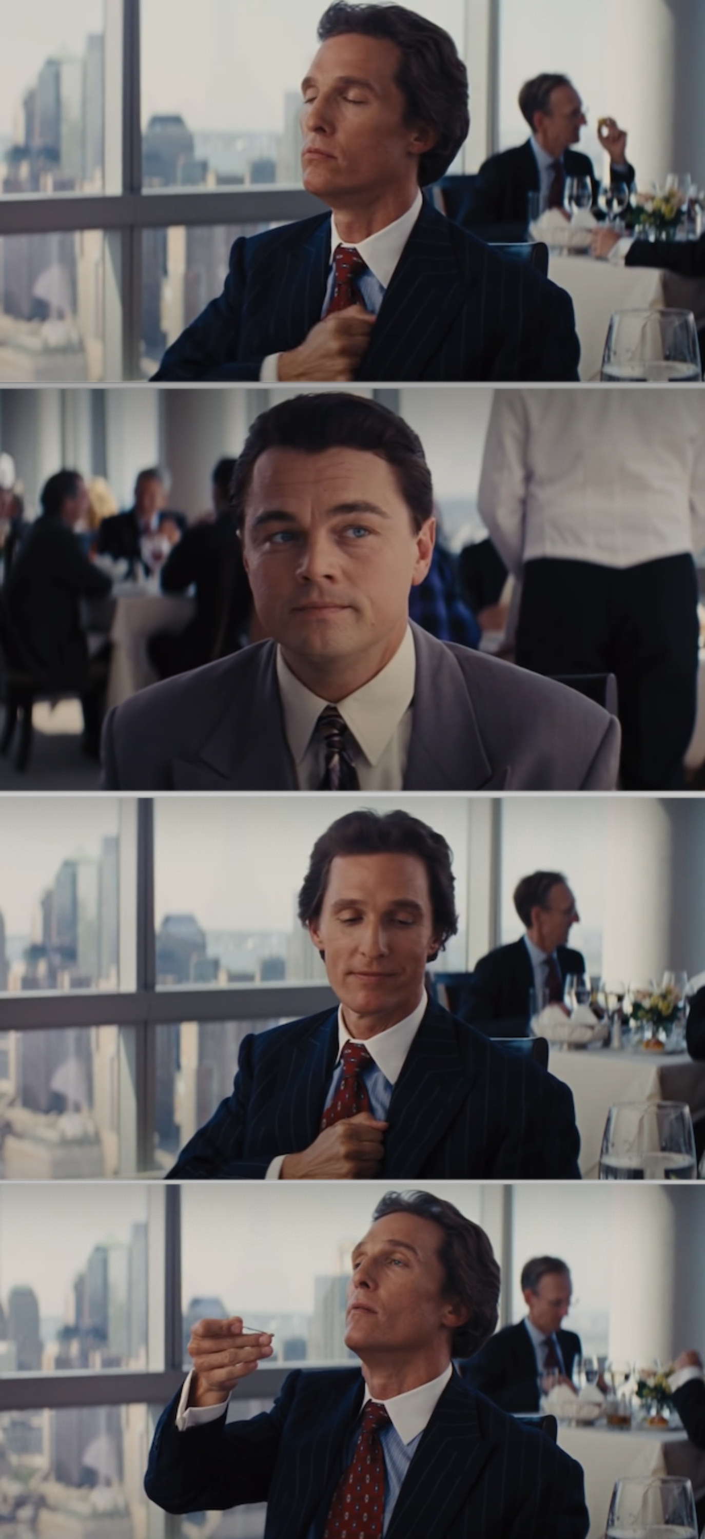 McConaughey and DiCaprio&#x27;s characters at a fancy restaurant