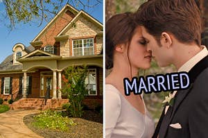 On the left, a suburban brick home, and on the right, Bella and Edward leaning in to kiss on their wedding day labeled married