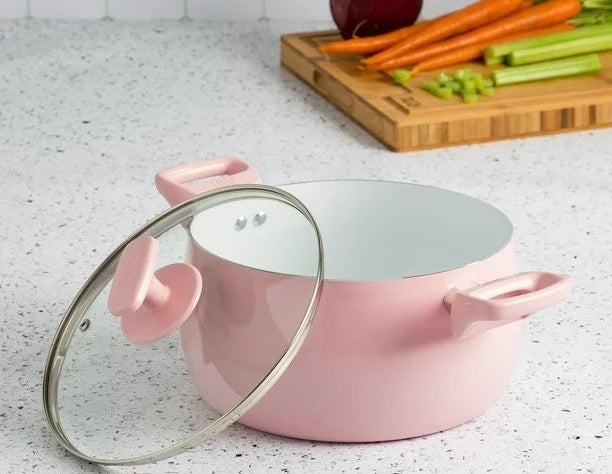 the pink dutch oven with a glass lid