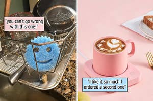 to the left: a blue scrub daddy sponge, to the right: a pink mug warmer