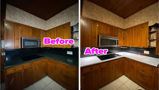 on left, black countertop in kitchen with wood cabinets. on right, same countertop with a white marble look after applying faux marble surface cover