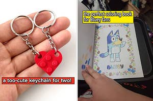to the left: two piece lego heart keychains, to the right: a bluey coloring book