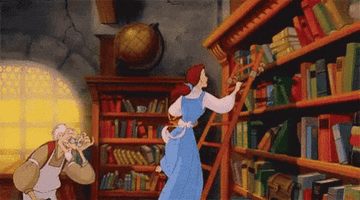 Belle sweeping through the library on a ladder
