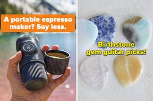 left image: portable espresso maker, right image: birthstone gem guitar picks