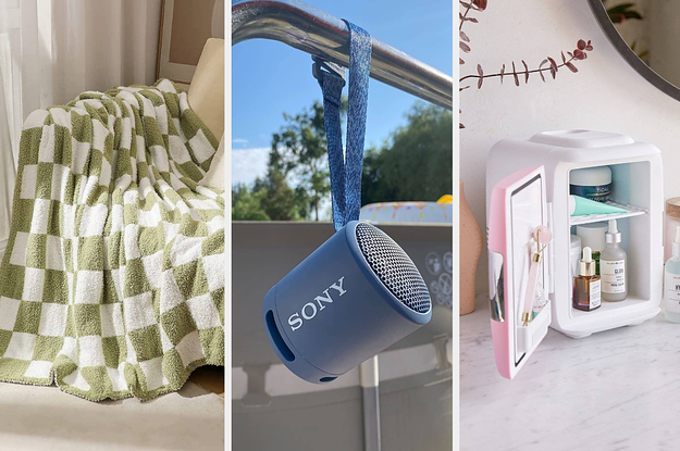 (left) checkered blanket (middle) mini speaker (right) beauty fridge