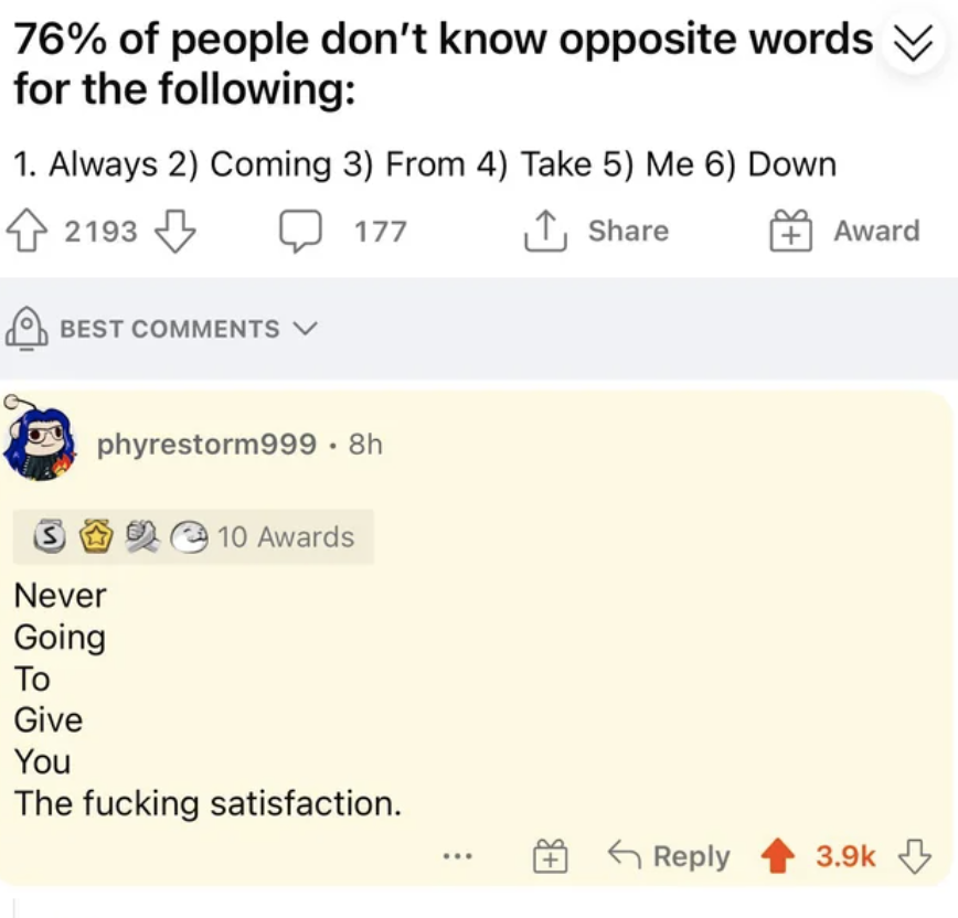 A joke sets up that someone will have to answer with the chorus from Rick Astley's "Never Gonna Give You Up," but a commenter instead says "Never going to give you the fucking satisfaction"