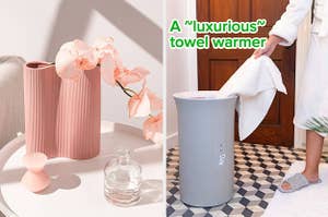 a pink vase holding pink flowers / model pulling a towel out of a towel warmer with text: a ~luxurious~ towel warmer