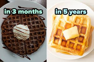 On the left, a chocolate waffled topped with chocolate sauce and ice cream labeled in 3 months, and on the right, some waffles topped with syrup and butter labeled in 5 years