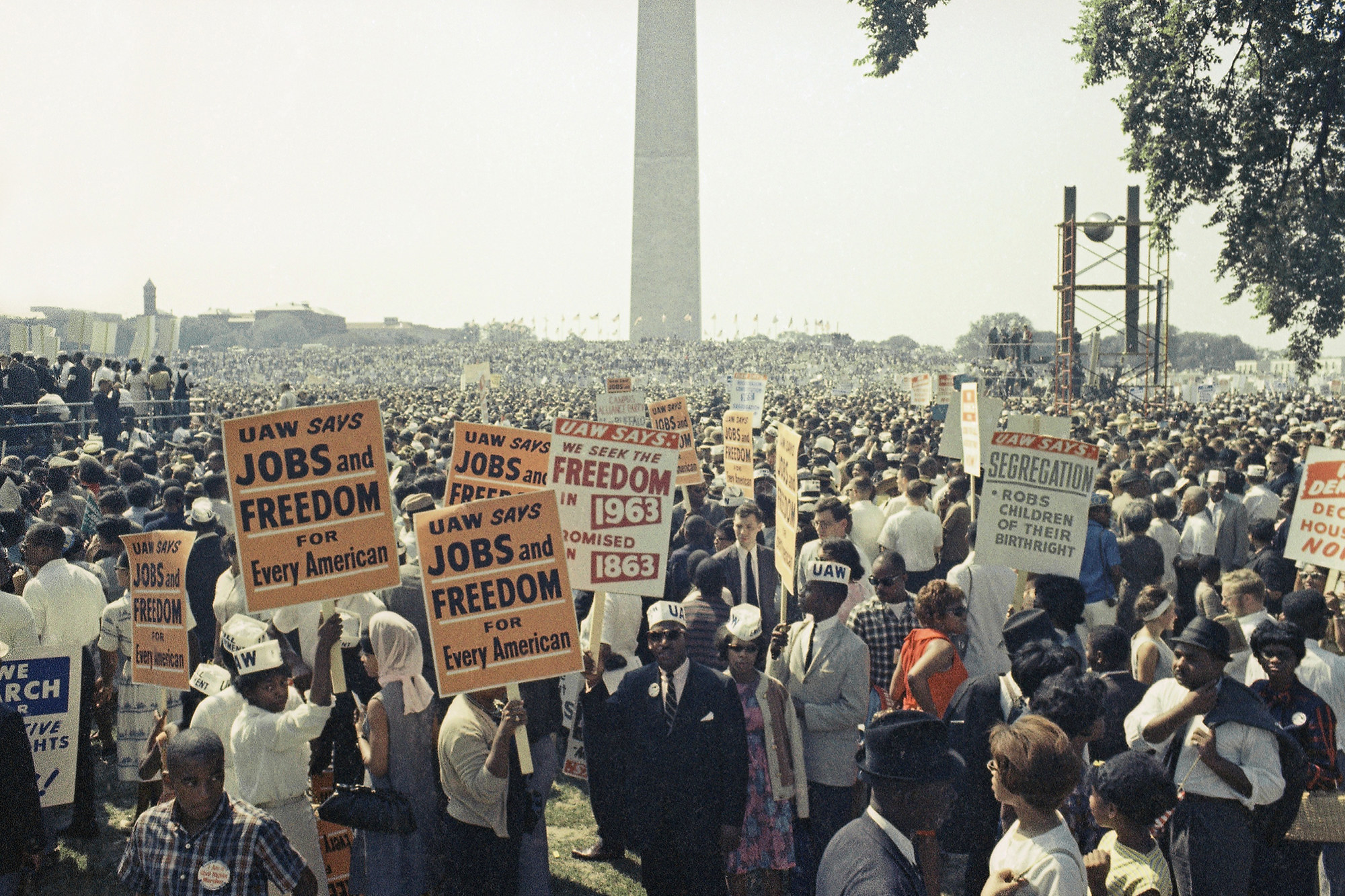 Attendees of the March on Washington hold signs saying &quot;Jobs and Freedom for Every American.&quot;
