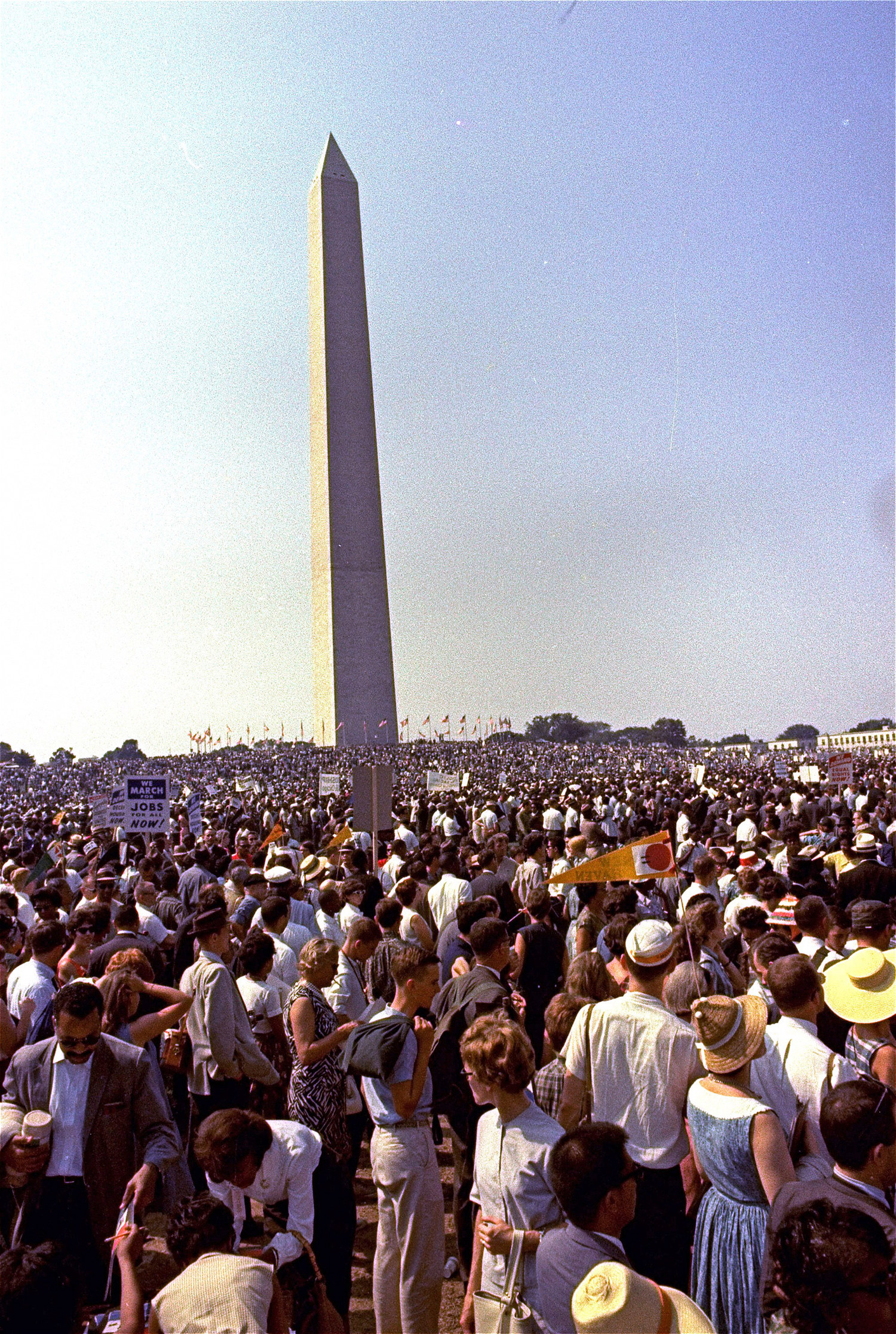 Attendees of the March on Washington gather near the Washington Monument.