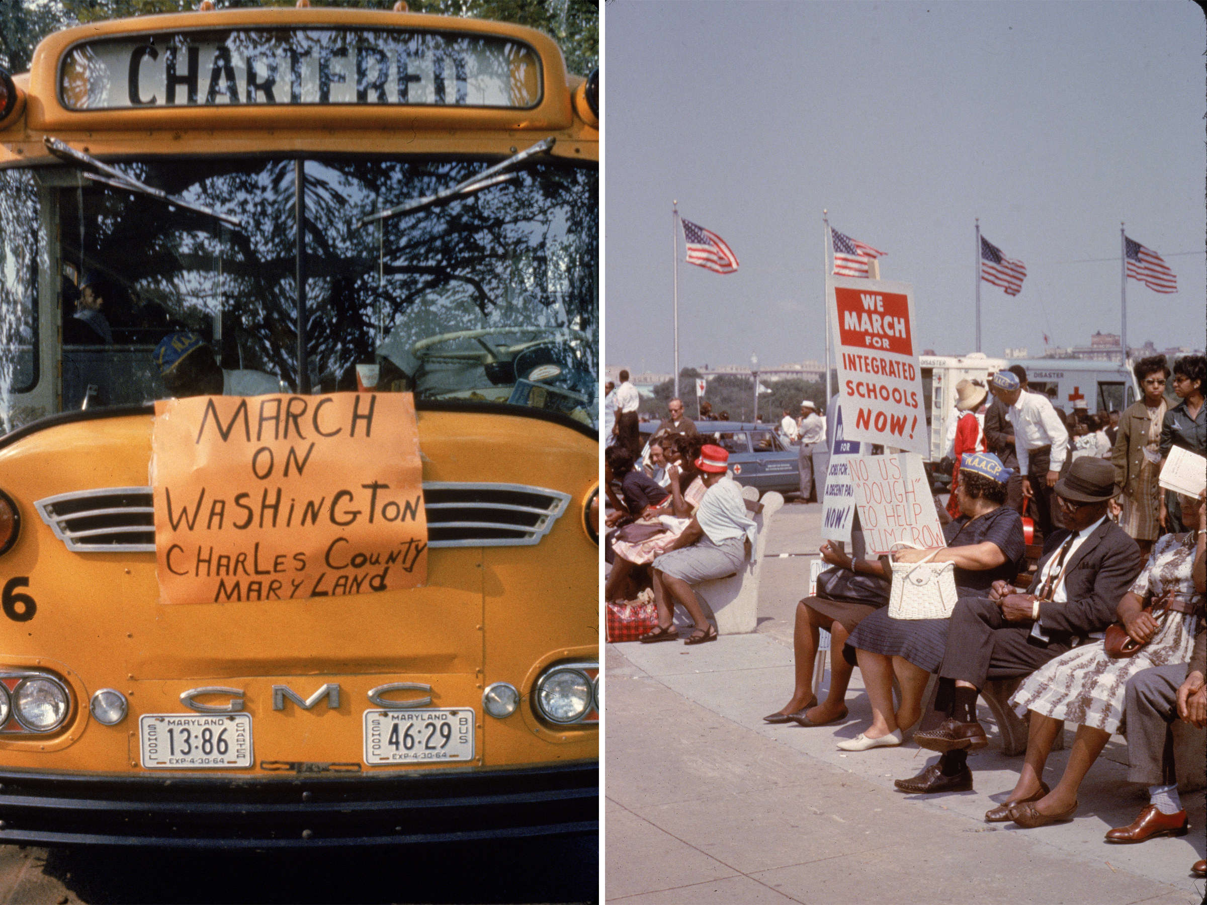 The left photo shows a yellow bus with a sign saying &quot;March on Washington Charles Country, Maryland.&quot; The right photo shows people resting on benches during the March on Washington.