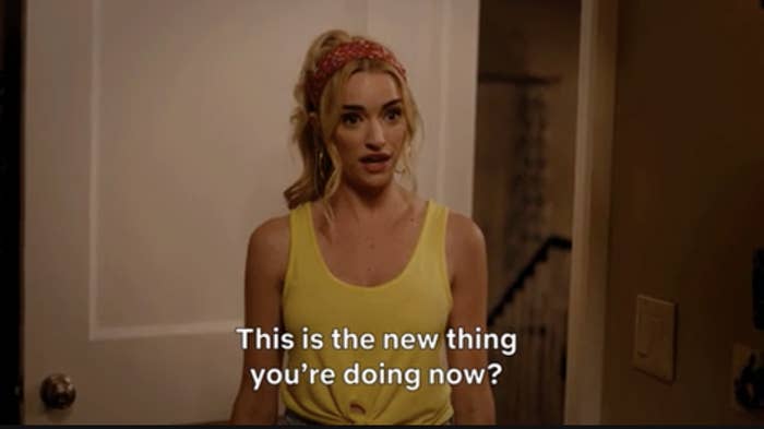 a woman saying, "this is the new thing you're doing now?"