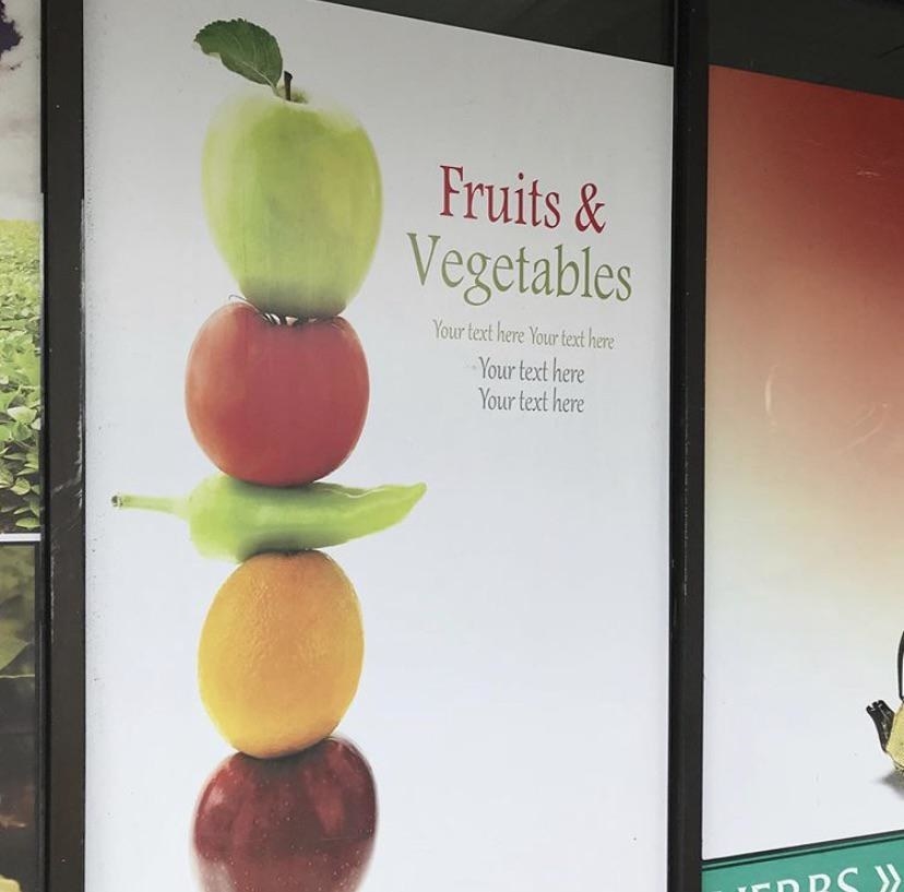 &quot;Fruits and vegetables&quot; heading with a bunch of &quot;Your text here&quot; below it