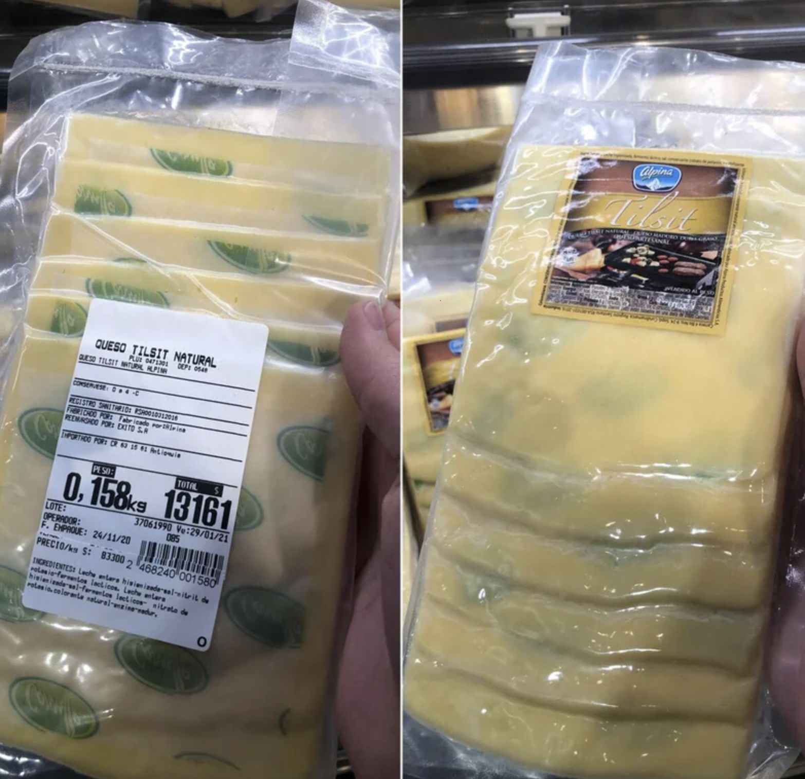 A packet of cheese slices that look like they have mold on them