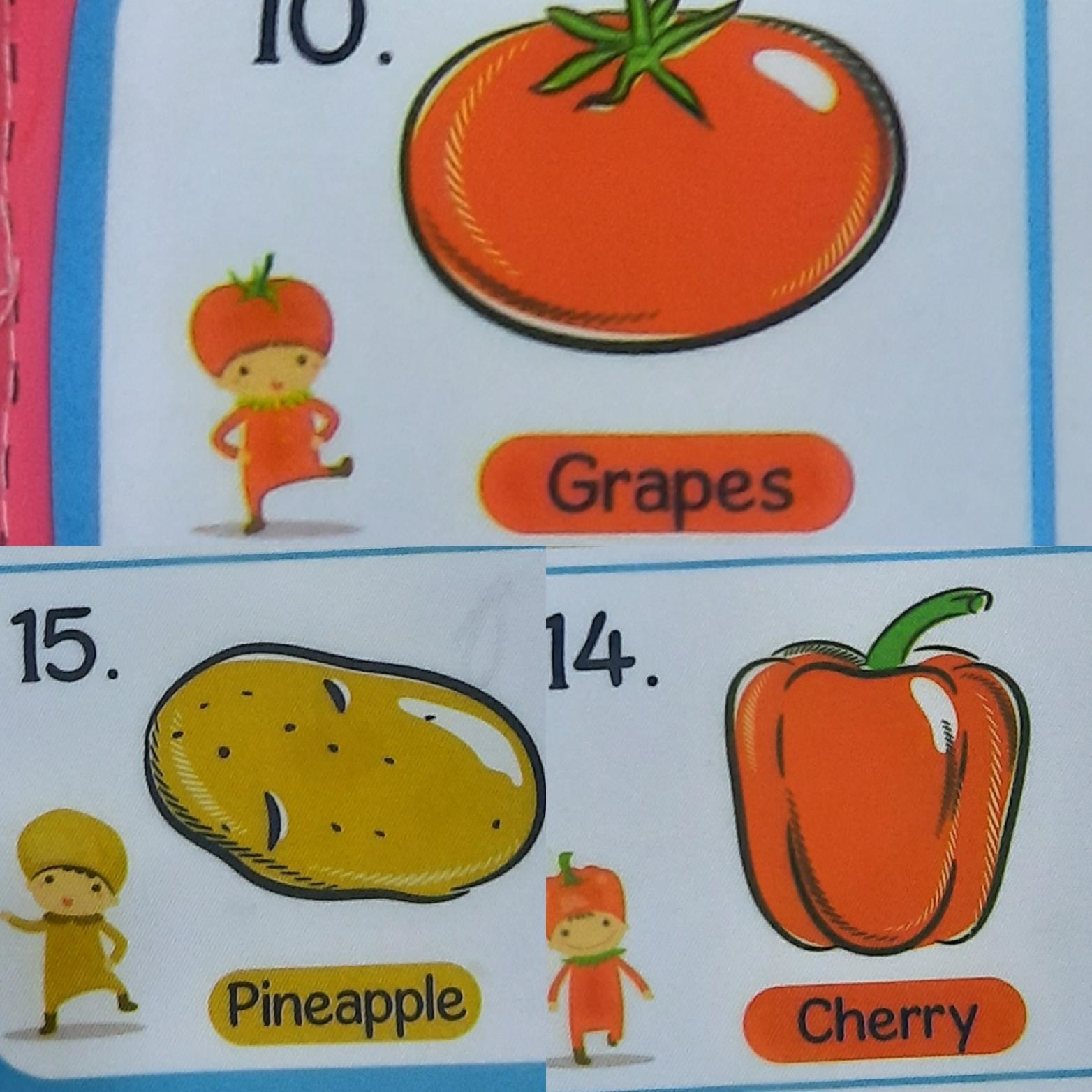 &quot;Pineapple&quot; label for a potato, &quot;grapes&quot; for a tomato, and &quot;cherry&quot; for a red bell pepper