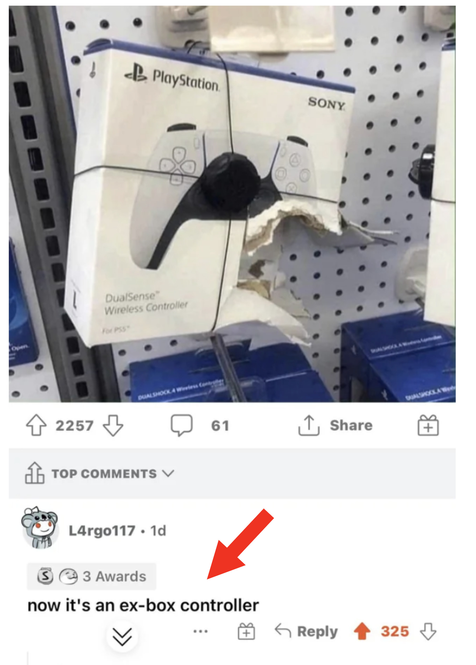 A photo of a PlayStation 5 controller box shows someone ripped the box open and stole the controller; the commenter says "now it's an ex-box controller"