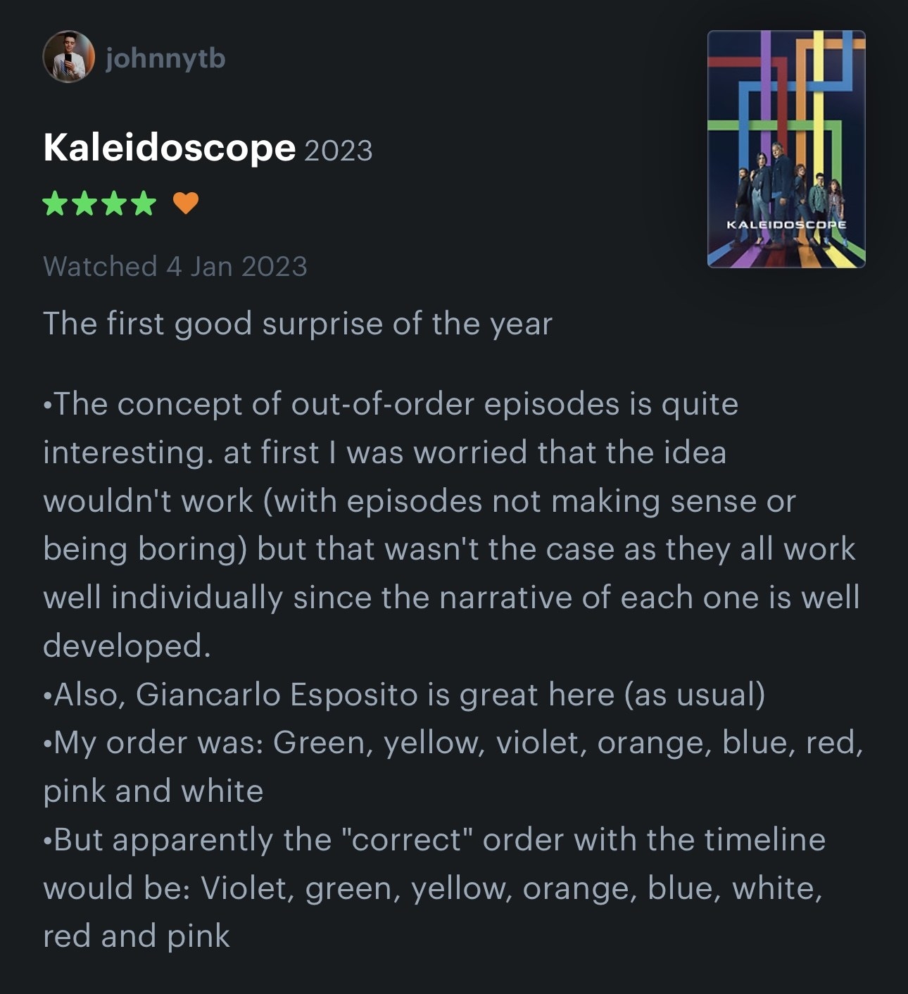 4 star review of Kaleidoscope