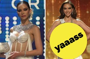 Miss Thailand wears a cream-colored dress with a sparkly necklace. She also appears in a dress made from soda can tabs.