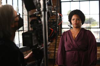 Patrisse Cullors stands before a camera to record a segment for Soul of the Nation.