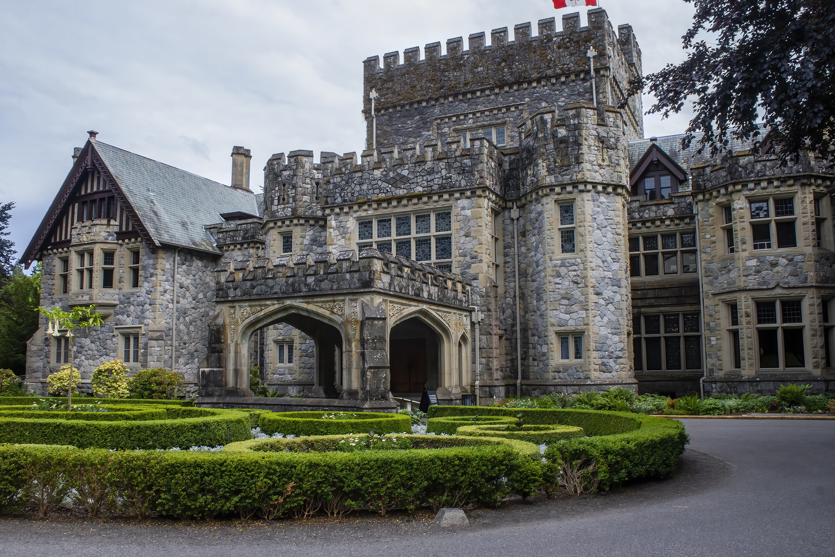 The entrance of Hatley Castle in Victoria, British Columbia, Canada.