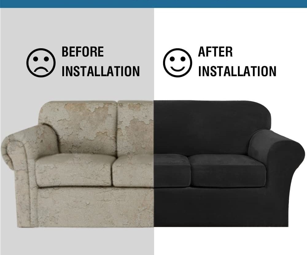 a before and after photo showing the sofa with the slip cover on it