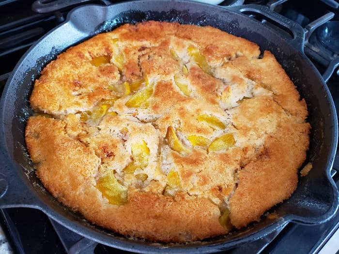 Reviewer image of peach cobbler baked in the cast iron skillet