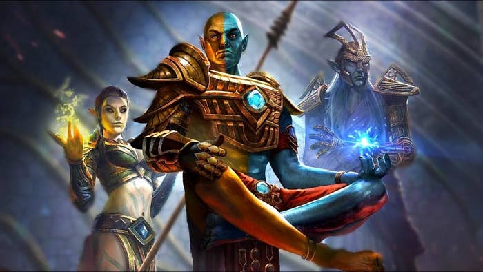 Dark Elf Woman Almalexia is on the left side wielding flame magic. Vivec with gold and ashen skin floats in the center of the image with his legs crossed. On the right, Sotha Sil the Clockwork God wields a blue flame. He is wearing mechanical armor.