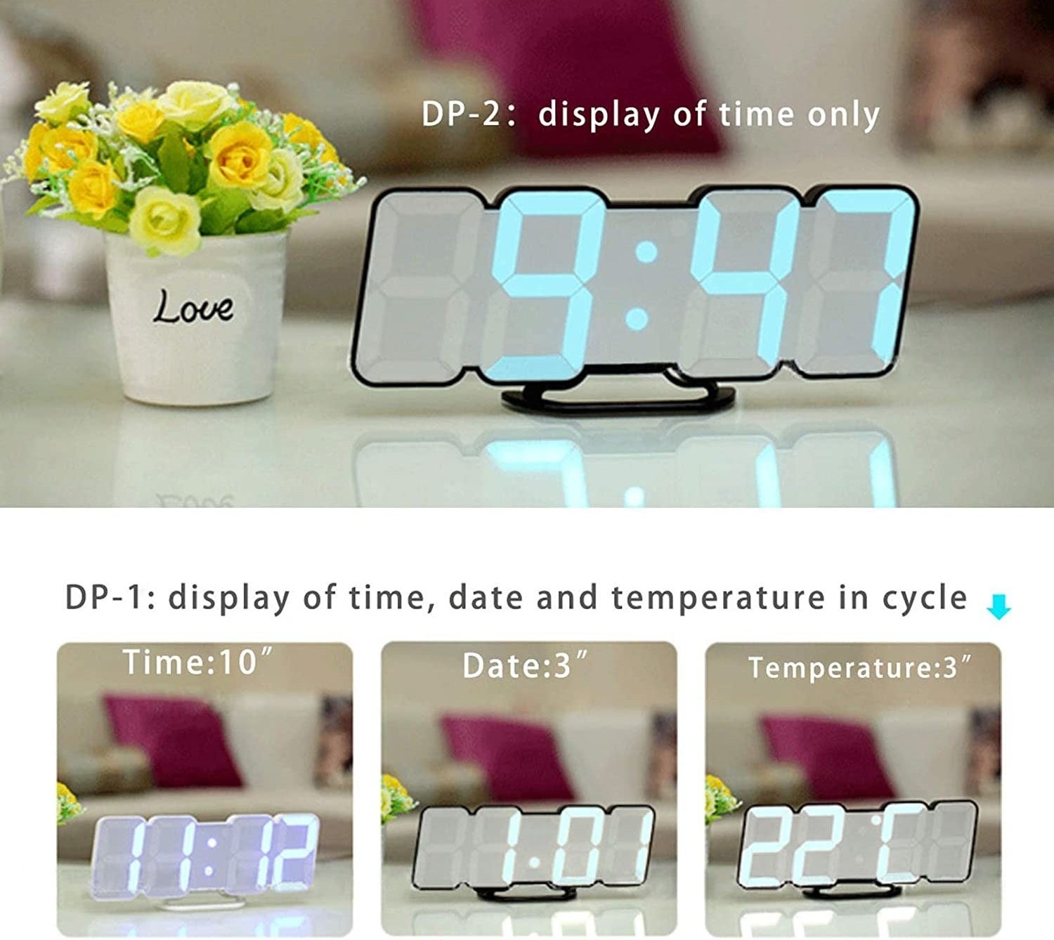 photos showing the clock and the different display modes
