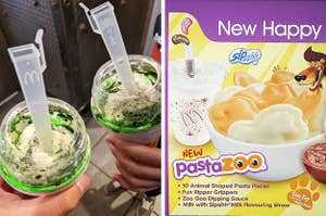 Left: Hands holding a Shrek-themed McFlurry; Right: An advertisement for a Happy Meal called Pasta Zoo which has animal-shaped ravioli and tomato dipping sauce