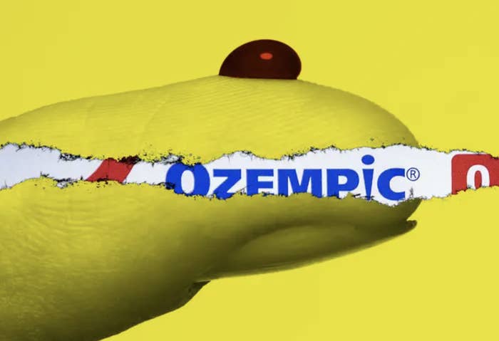 a pricked fingertip with the ozempic brand label written in the middle of the illustration