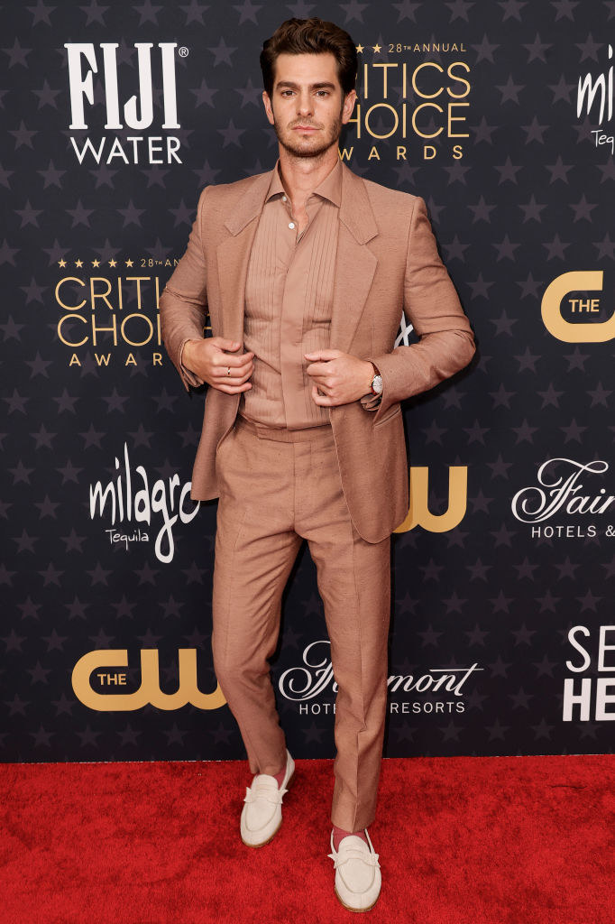 Andrew Garfield attends the 28th Annual Critics Choice Awards in a neutral-toned suit