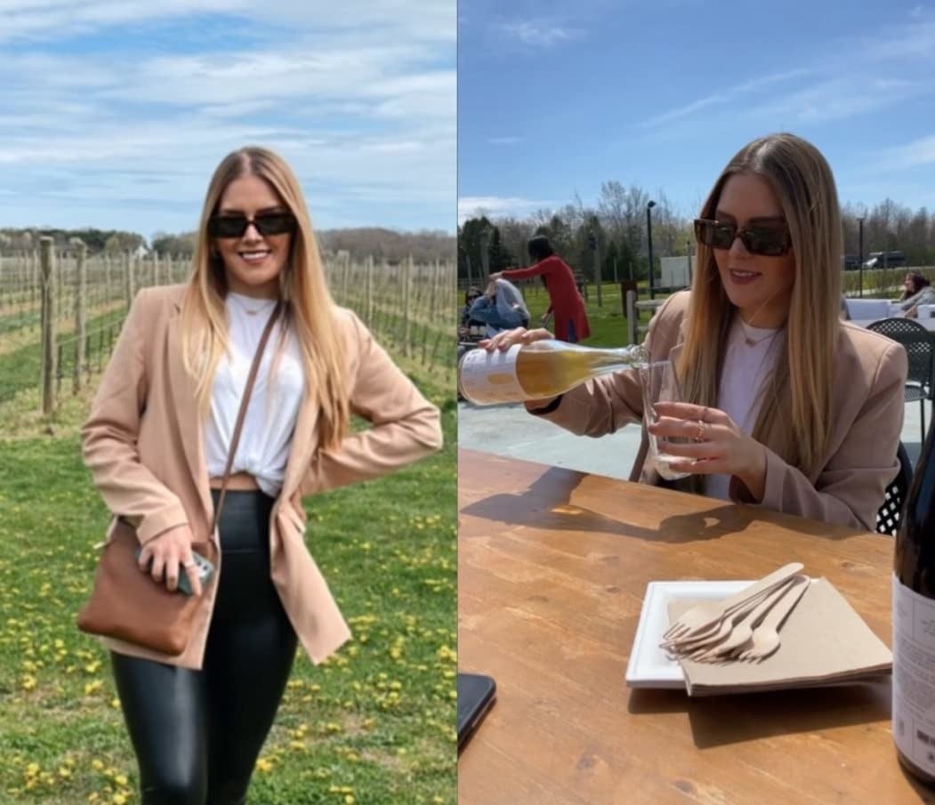 Reviewer shown standing in orchard and sitting pouring cider wearing the beige blazer