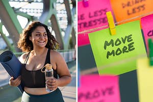 Split frame of a woman in athletic wear and sticky notes that say "move more" 